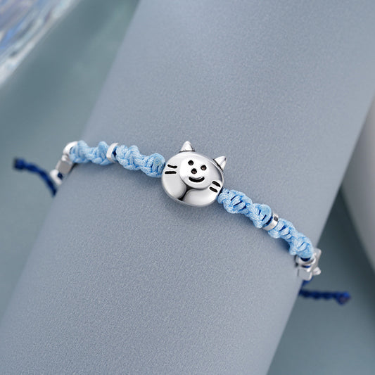 Playful Kitty Head with Fish Motif Woven Bracelet – Adjustable Cord Jewelry | Zen Ara Grove