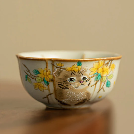Cute Cat Yellow Flowers Rabbit Teacup Kung Fu Tea Cup  | Zen Ara Grove