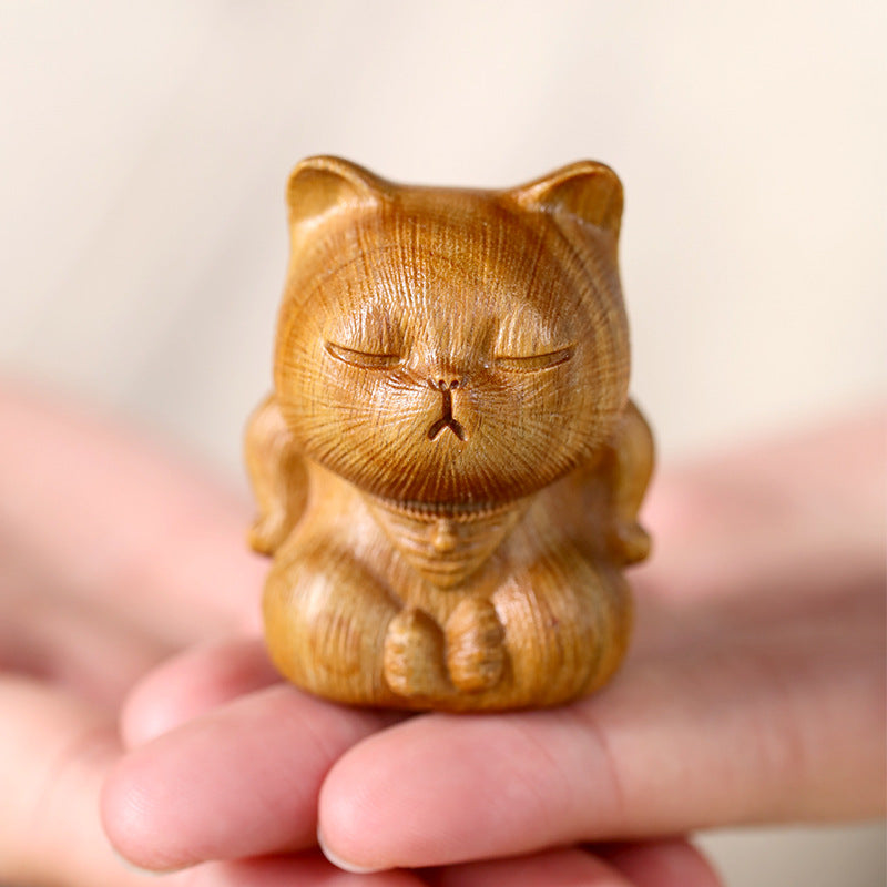 Small Mini Green Sandalwood Lucky Cat Carved Soothing Decorations | Zen Ara Grove