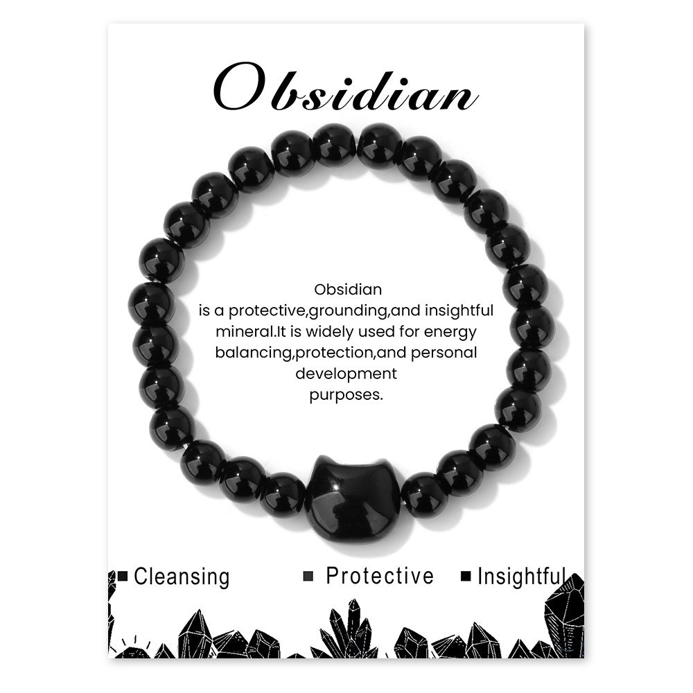Black Cat Obsidian Bracelet – Silver Sheen Beads with Cute Feline Charm | Zen Ara Grove