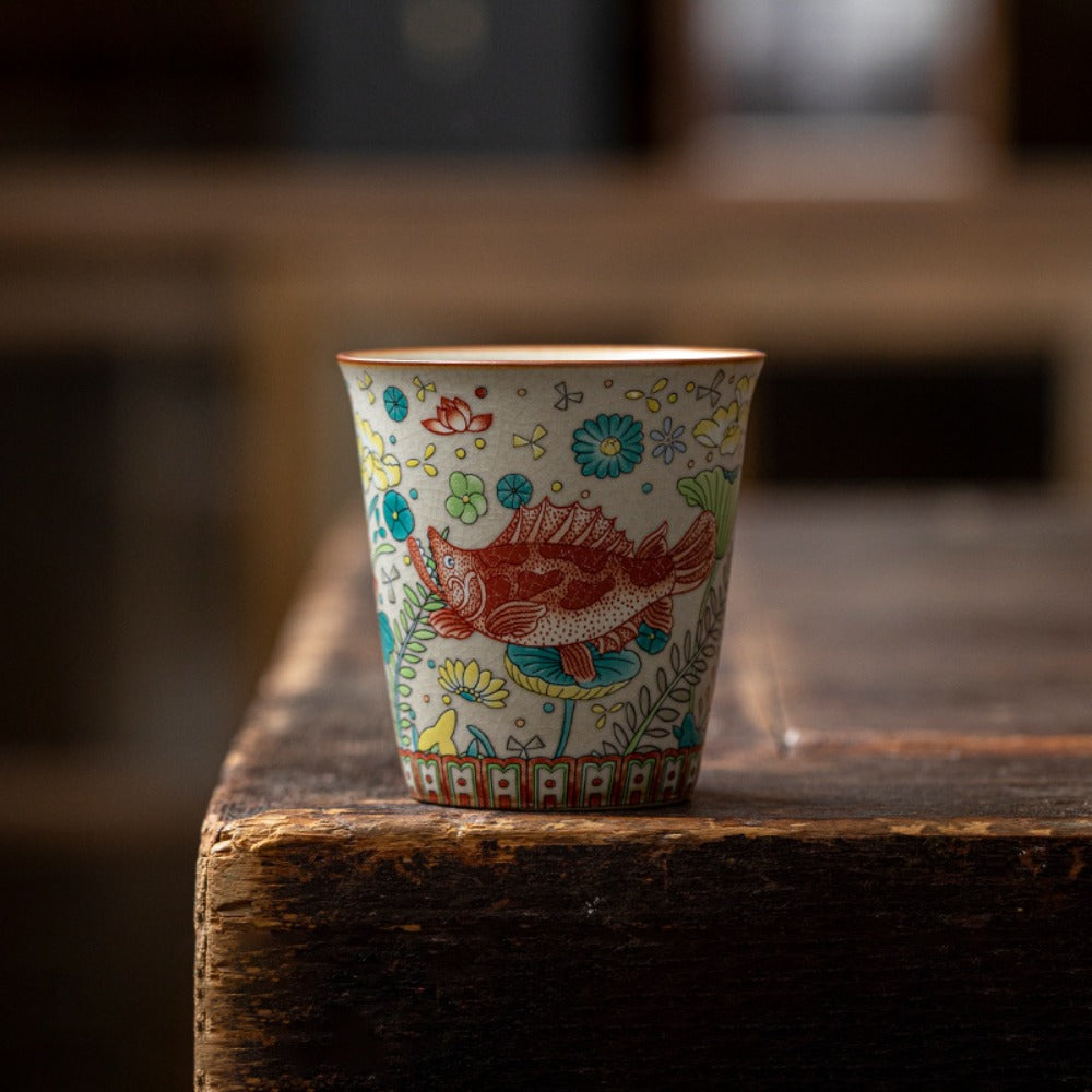 Vintage Fish & Algae Pattern Gongfu Teacup | Zen Ara Grove