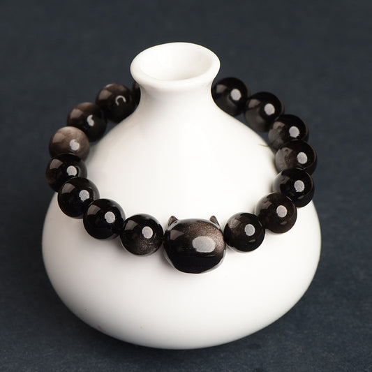 Black Cat Obsidian Bracelet – Silver Sheen Beads with Cute Feline Charm | Zen Ara Grove
