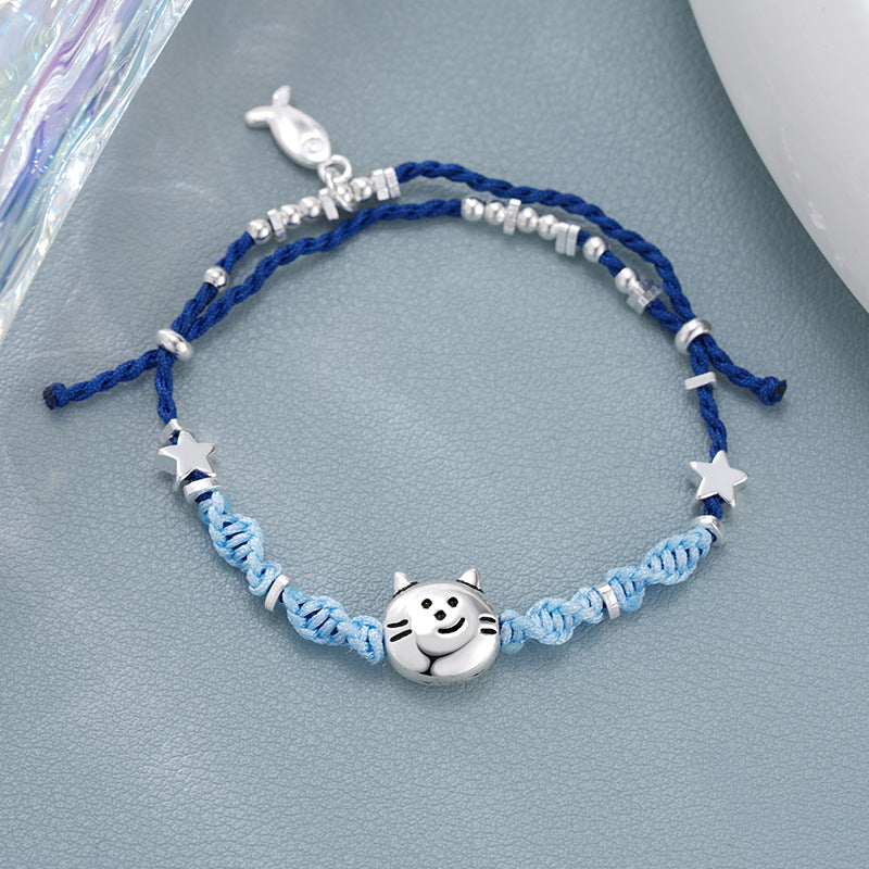 Playful Kitty Head with Fish Motif Woven Bracelet – Adjustable Cord Jewelry | Zen Ara Grove
