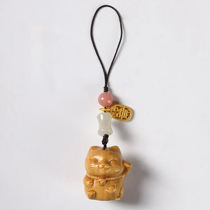 Small Leaf Red Sandalwood Green Sandalwood Sandalwood Lucky Cat Protection Key Chain Phone Hanging | Zen Ara Grove