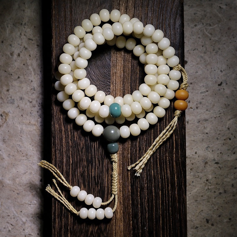 White Jade Bodhi Root 108 Bead Lotus Prayer Bracelet | Zen Ara Grove