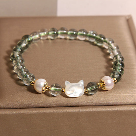Natural Green Phantom Pearl Shell Cat Head Lucky Bracelet | Zen Ara Grove