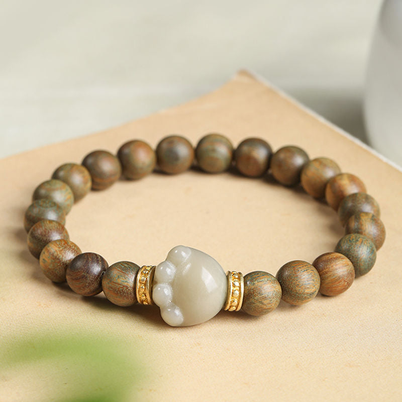 Vintage Green Sandalwood Bracelet – Cat Paw Charm Inspired Prayer Beads | Zen Ara Grove