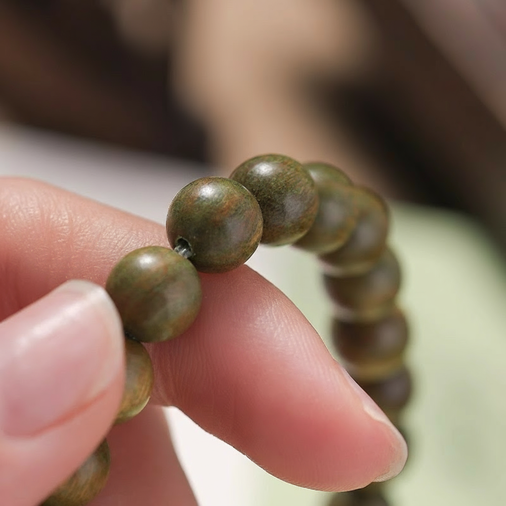 Vintage Green Sandalwood Bracelet – Cat Paw Charm Inspired Prayer Beads | Zen Ara Grove