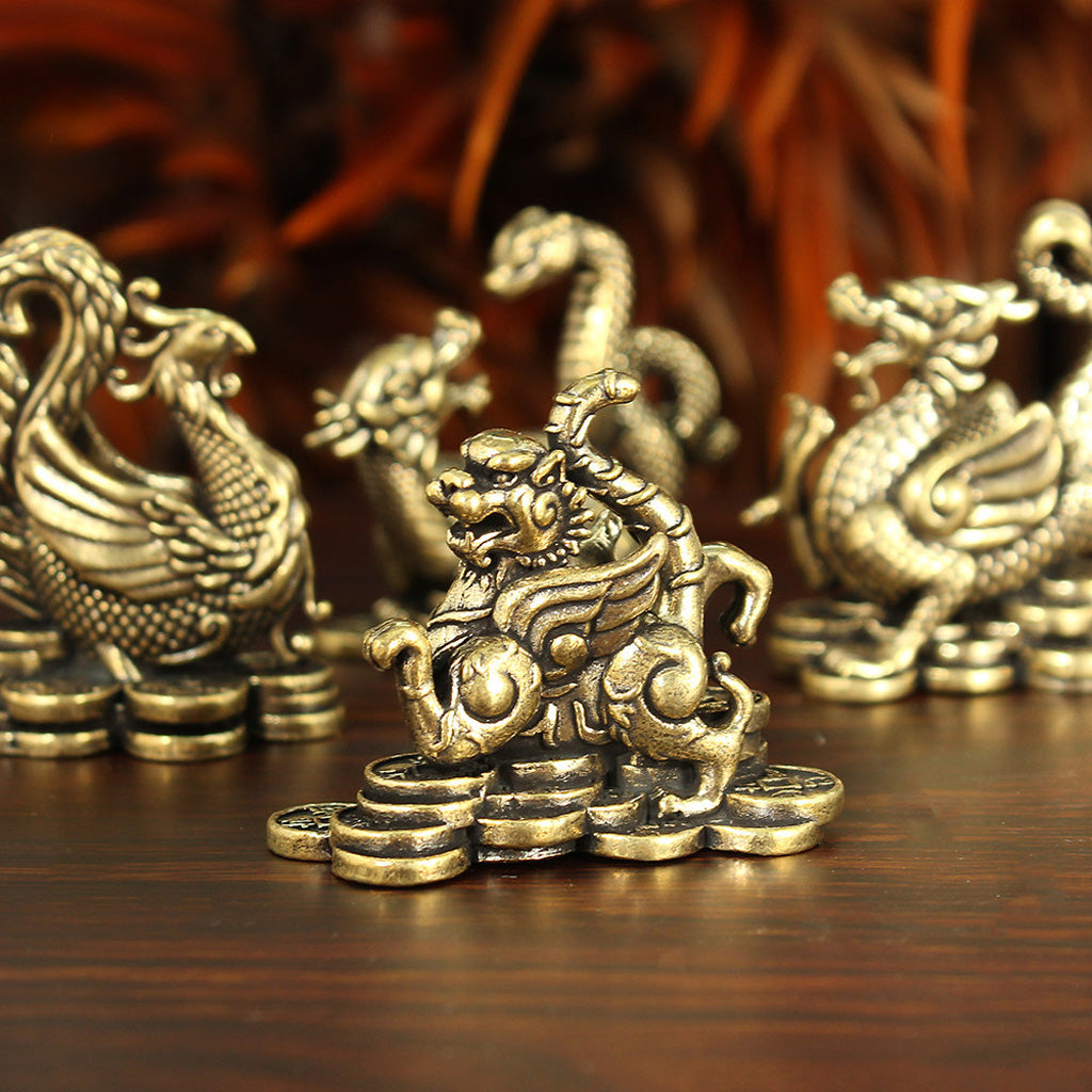 Brass Four Guardian Beasts Set – Azure Dragon, White Tiger, Vermilion Bird & Black Tortoise Statues | Zen Ara Grove