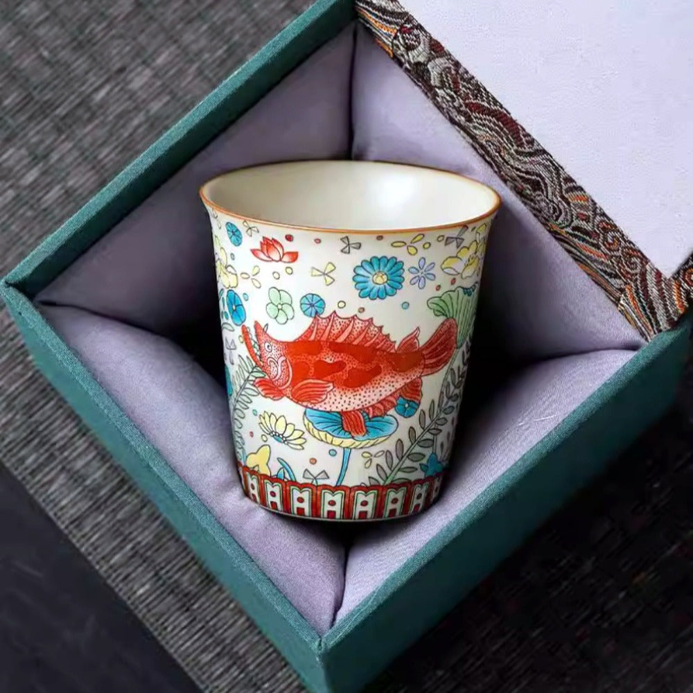 Vintage Fish & Algae Pattern Gongfu Teacup | Zen Ara Grove
