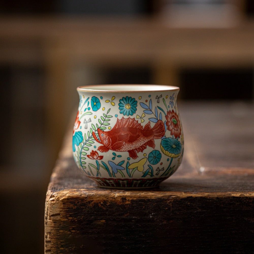 Vintage Fish & Algae Pattern Gongfu Teacup | Zen Ara Grove