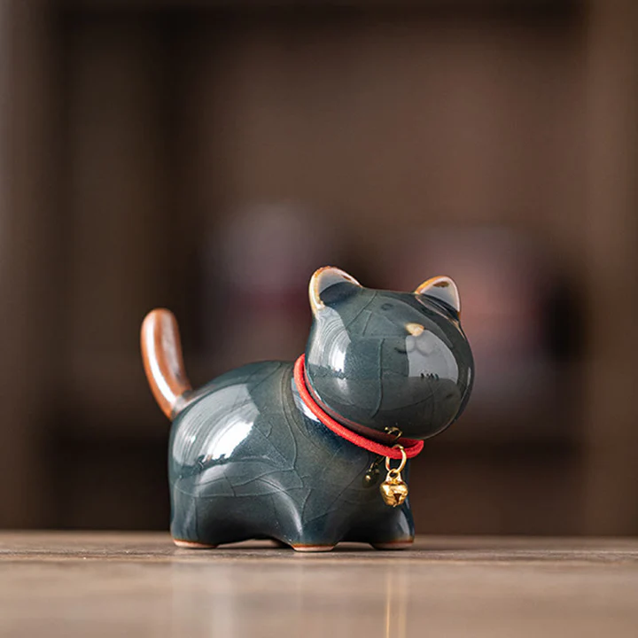 Mini Lucky Cute Standing Cat Red Rope Bell Ceramic Figurine Decoration | Zen Ara Grove