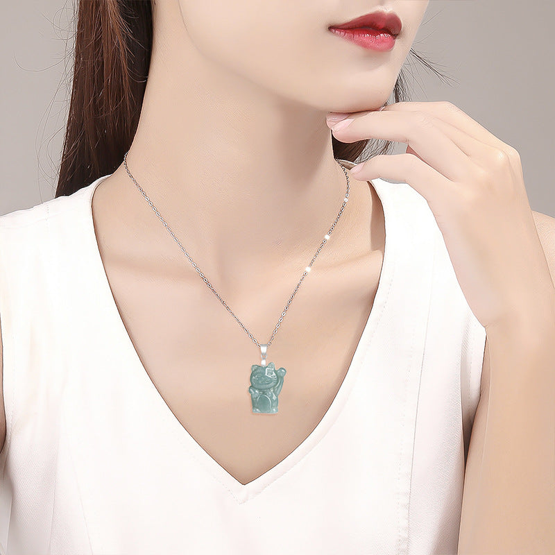 925 Sterling Silver Natural Jade Lucky Cat Abundance Necklace Pendant  | Zen Ara Grove