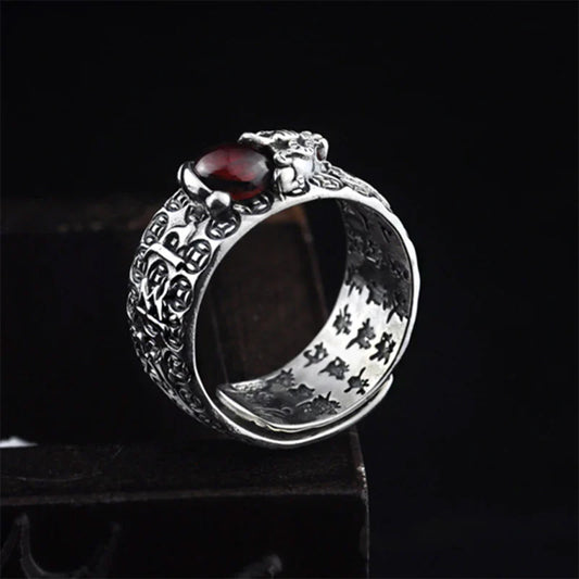 Pixiu Heart Sutra Ring with Symbol of Protection and Prosperity Ruby Inlay Adjustable Wide Band | Zen Ara Grove