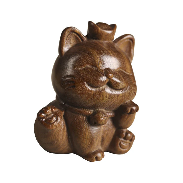 Mini Green Sandalwood Ingot Lucky Cat Carved Peace Desk Decorations | Zen Ara Grove