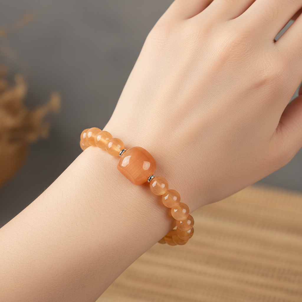 Orange Cat Bracelet – Cat’s Eye Stone Beads with Playful Kitty Charm | Zen Ara Grove