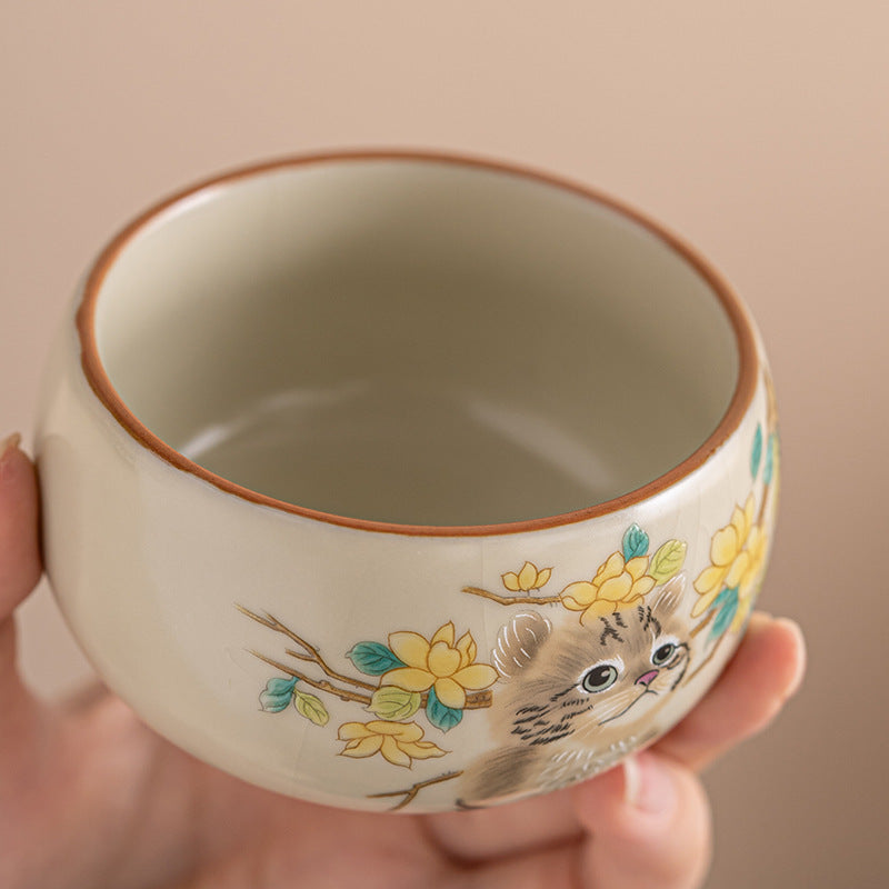 Cute Cat Yellow Flowers Rabbit Teacup Kung Fu Tea Cup  | Zen Ara Grove