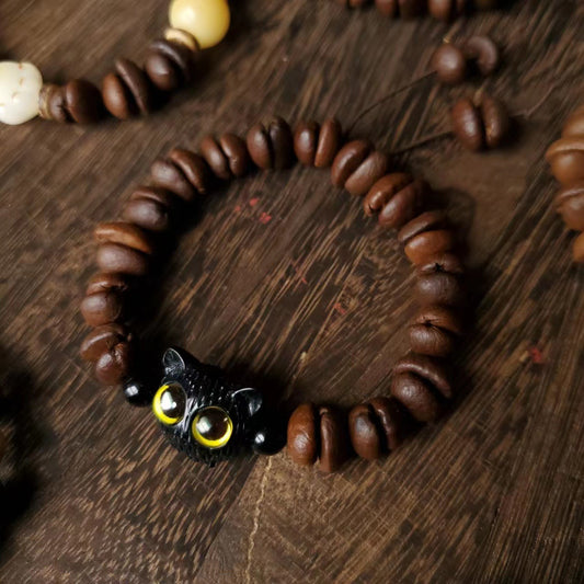 Handmade Natural Coffee Beans Cat Head Bodhi Seed Claw Paw Peace Bracele | Zen Ara Grove