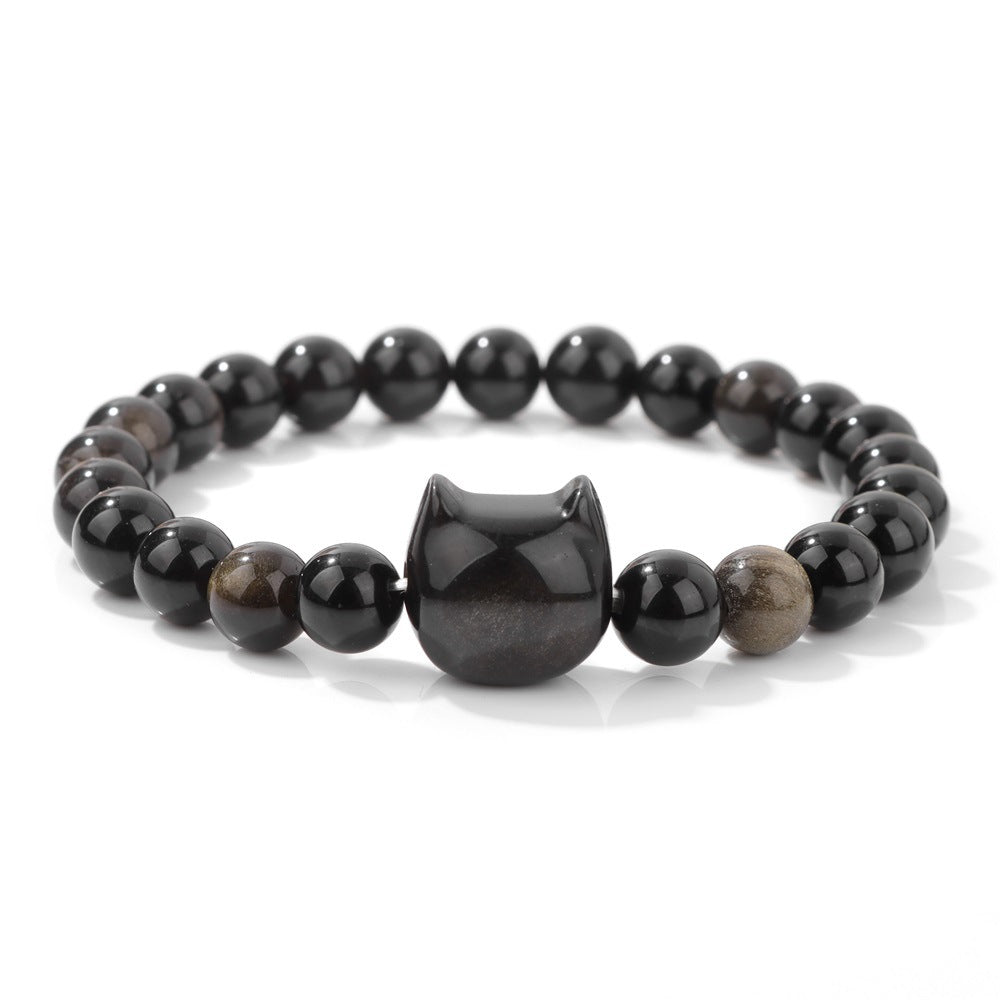 Black Cat Obsidian Bracelet – Silver Sheen Beads with Cute Feline Charm | Zen Ara Grove