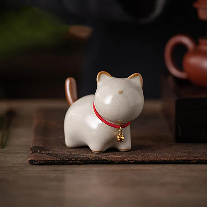Mini Lucky Cute Standing Cat Red Rope Bell Ceramic Figurine Decoration | Zen Ara Grove