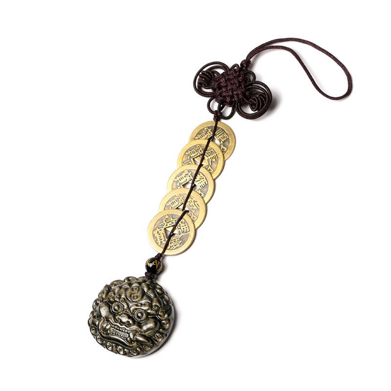 Guardian Beast & Fortune Coins – Gold Obsidian Pendant | Zen Ara Grove