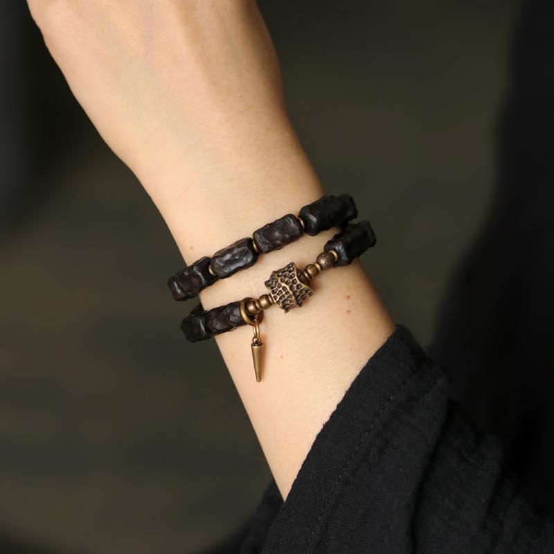 Ebony Wood Grain Twin-Strand Wrist Mala | Zen Ara Grove