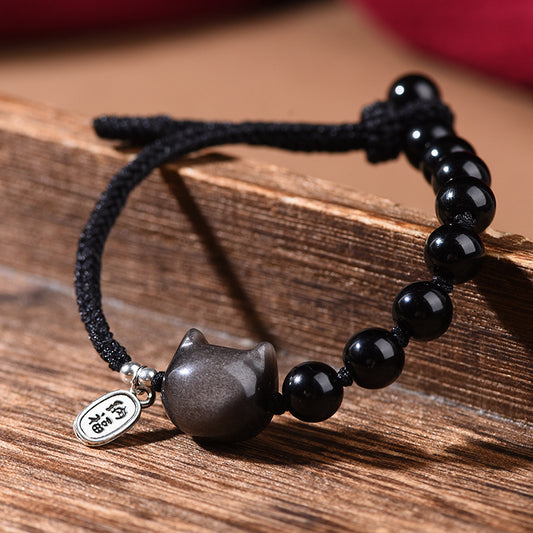 Black Obsidian Silver Sheen Obsidian Cute Cat Dancing Lion Strength Bracelet | Zen Ara Grove