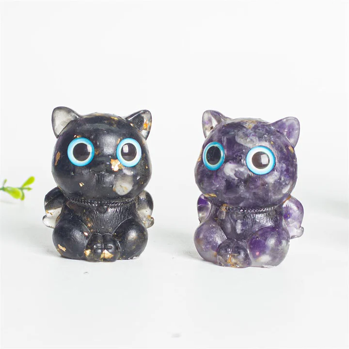 Cute Cat Lazurite Amethyst Black Obsidian Aquamarine Crystal Resin Positive Home Decoration | Zen Ara Grove