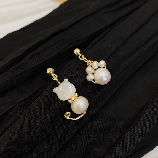 Cute Cat Paw Pearl Wisdom Stud Drop Earrings | Zen Ara Grove