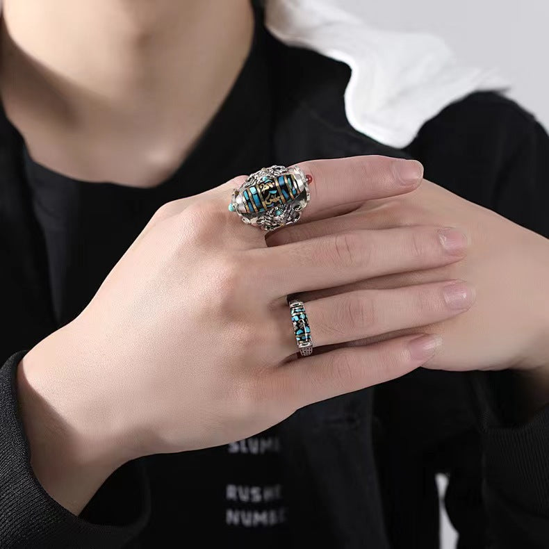 Spinning Mantra Ring - Rotating Prayer Bead with Turquoise & Guardian Beast