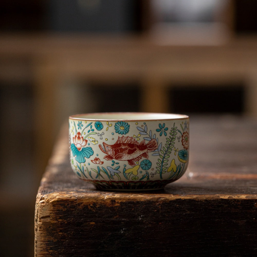 Vintage Fish & Algae Pattern Gongfu Teacup | Zen Ara Grove