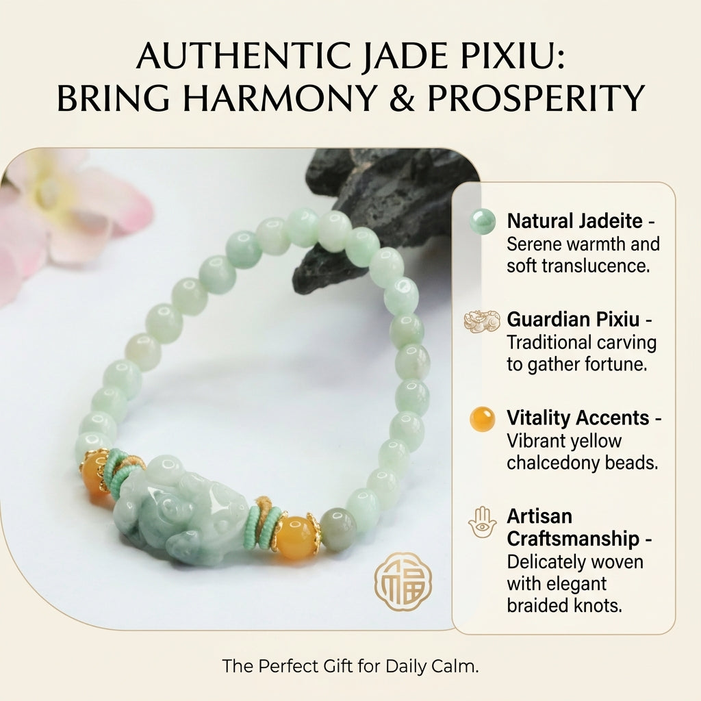 Hand‑Carved Jade Pixiu Beaded Bracelet — Meaning of Prosperous Blessing | Zen Ara Grove