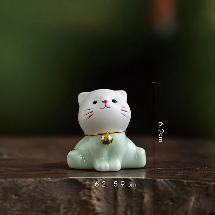 Mini Lucky Cute Cat Light Green White Ceramic Figurine Decoration | Zen Ara Grove