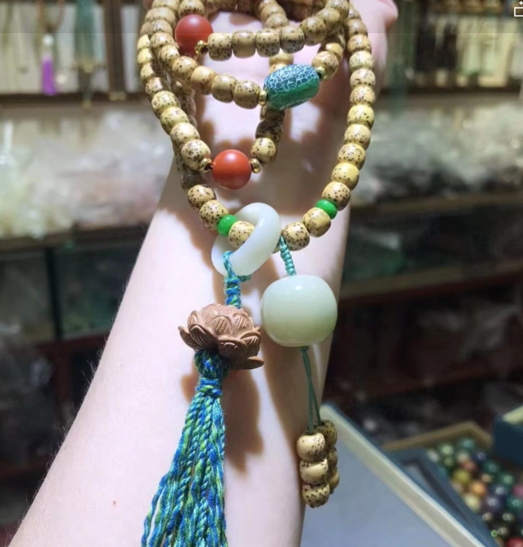 Star-Moon Bodhi Seed Bracelet with Red Agate, Jade, and Sandalwood Lotus Charm