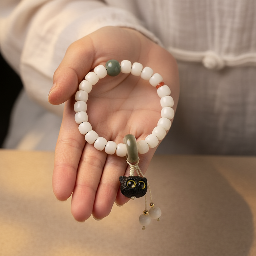Natural Bodhi Seed African Blackwood Lovely Cat Charm Peace Harmony Bracelet | Zen Ara Grove