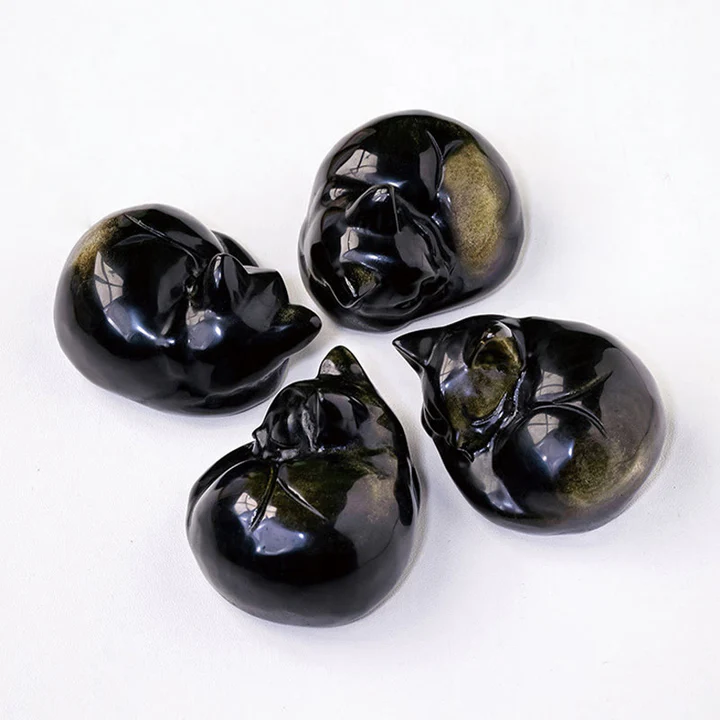 Natural Gold Sheen Obsidian Sleeping Cat Statue Home Decoration  | Zen Ara Grove