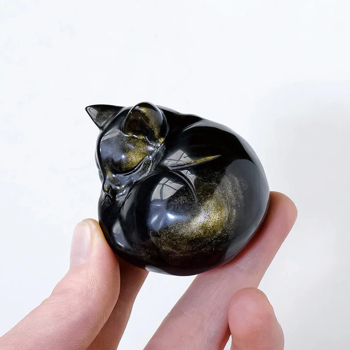 Natural Gold Sheen Obsidian Sleeping Cat Statue Home Decoration  | Zen Ara Grove