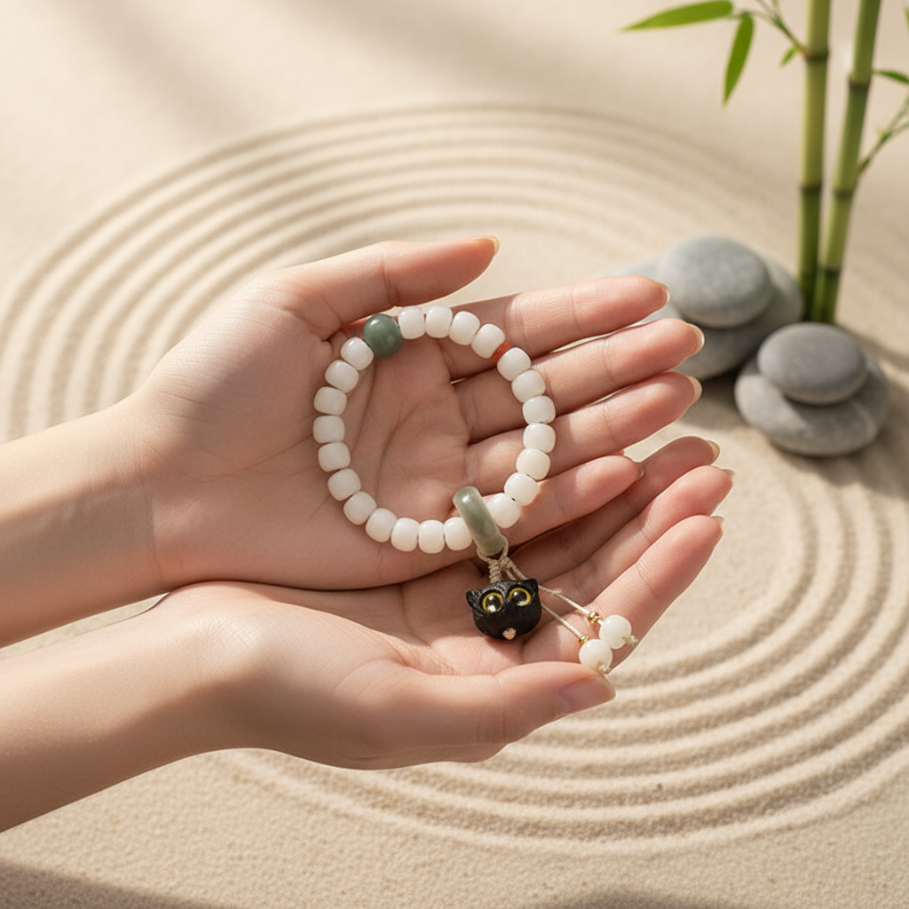 Natural Bodhi Seed African Blackwood Lovely Cat Charm Peace Harmony Bracelet | Zen Ara Grove