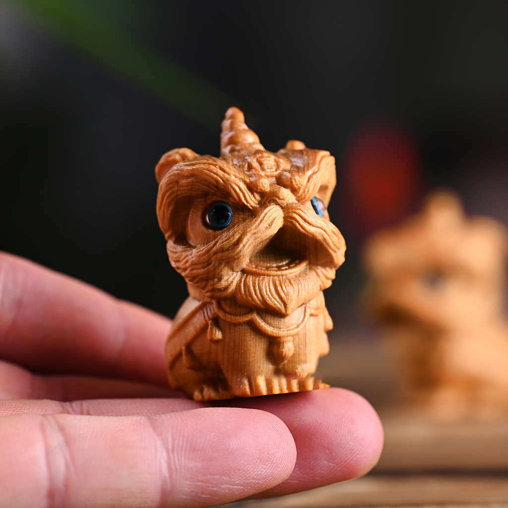 Hand-Carved Aromatic Cypress Lion Dance Figurine – Cute Wooden Home & Desk Decor | Zen Ara Grove