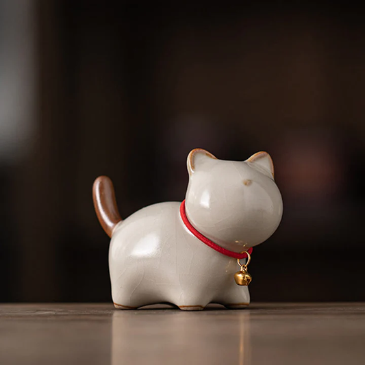 Mini Lucky Cute Standing Cat Red Rope Bell Ceramic Figurine Decoration | Zen Ara Grove