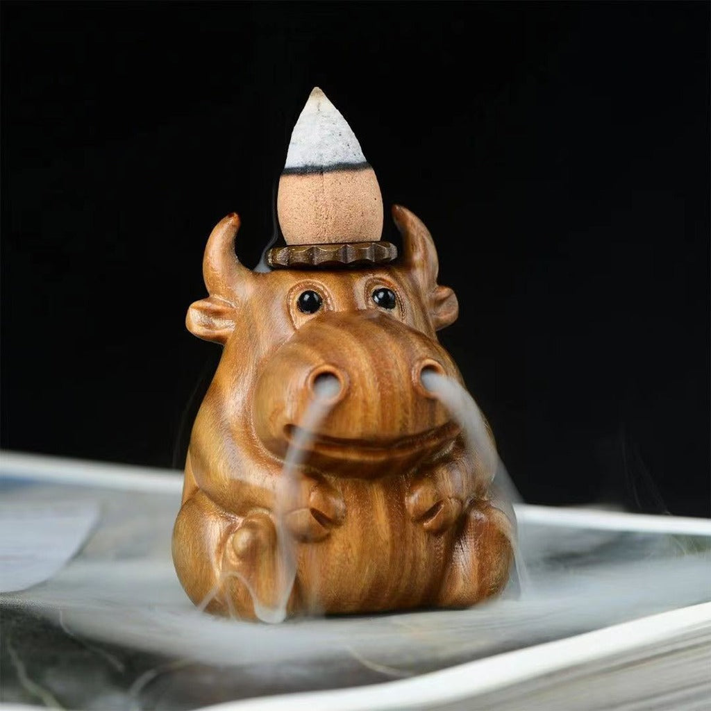 Lucky Ox Incense Burner — Hand-carved Green Sandalwood Figurine | Zen Ara Grove