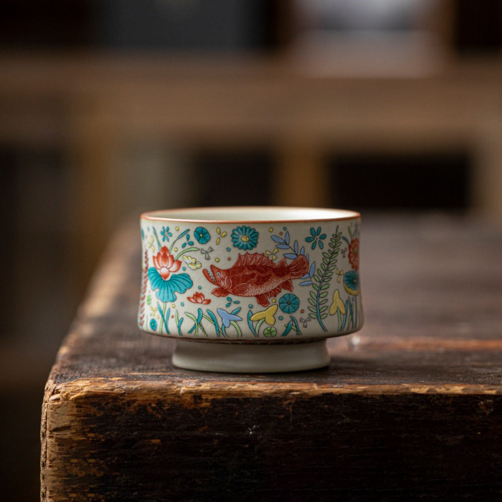Vintage Fish & Algae Pattern Gongfu Teacup | Zen Ara Grove