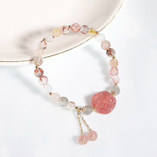 Natural Strawberry Quartz Pink Crystal Lucky Cat Paw Love Bracelet | Zen Ara Grove