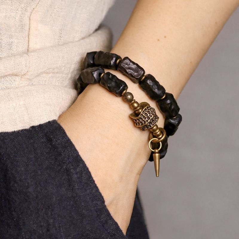 Ebony Wood Grain Twin-Strand Wrist Mala | Zen Ara Grove