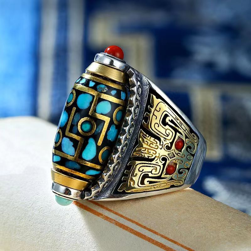Spinning Mantra Ring - Rotating Prayer Bead with Turquoise & Guardian Beast