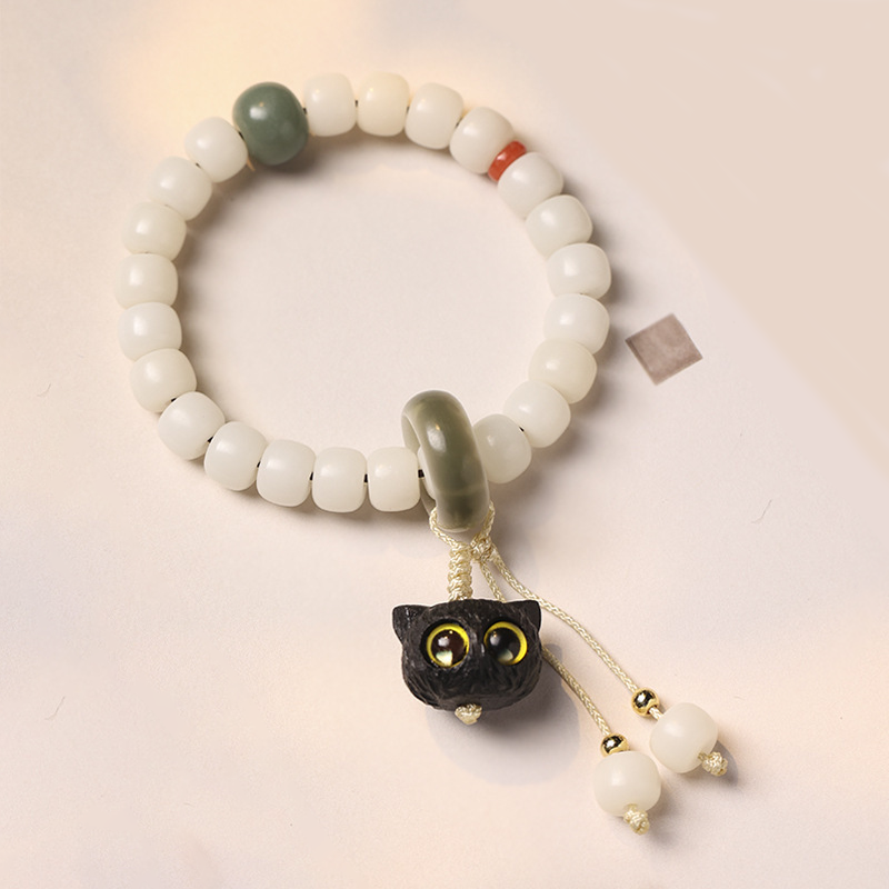 Natural Bodhi Seed African Blackwood Lovely Cat Charm Peace Harmony Bracelet | Zen Ara Grove