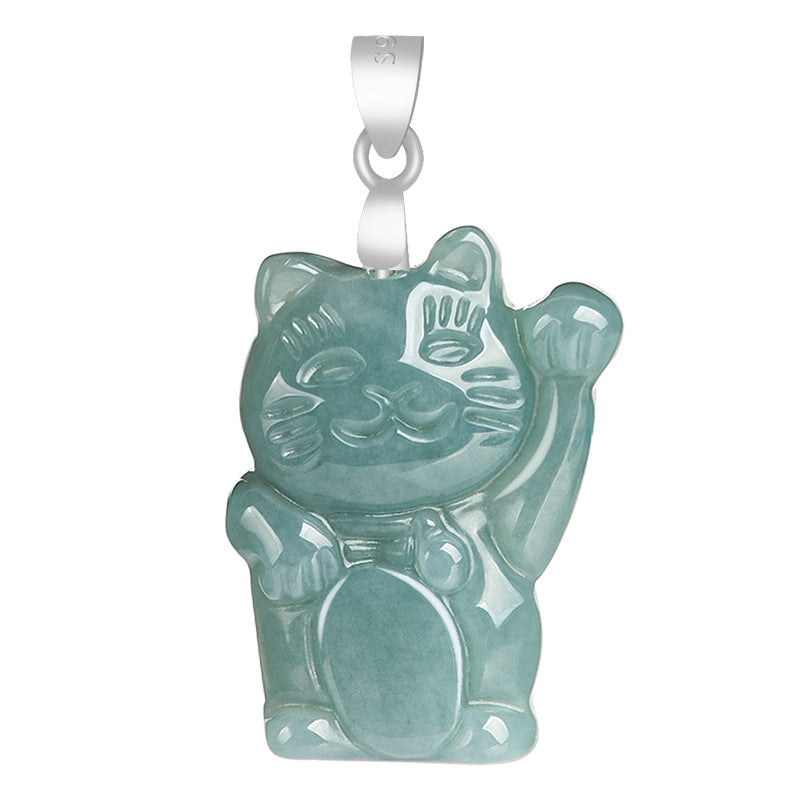 925 Sterling Silver Natural Jade Lucky Cat Abundance Necklace Pendant  | Zen Ara Grove