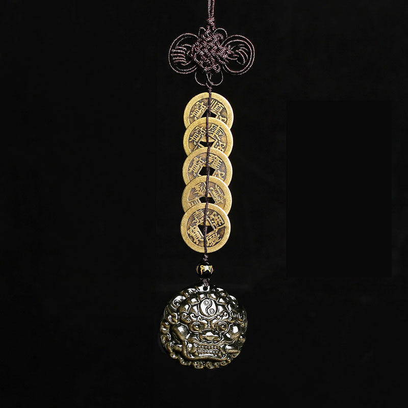 Guardian Beast & Fortune Coins – Gold Obsidian Pendant | Zen Ara Grove