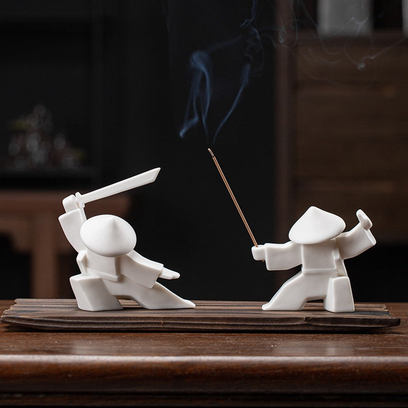 Kung Fu Zen Ceramic Incense Holder – Martial Artist Duel Figurine | Zen Ara Grove