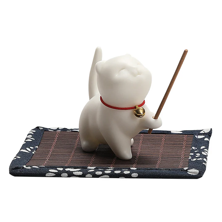 Mini Lucky Cat Kitten Tea Pet Ceramic Home Desk Figurine Decoration With Bamboo Mat| Zen Ara Grove
